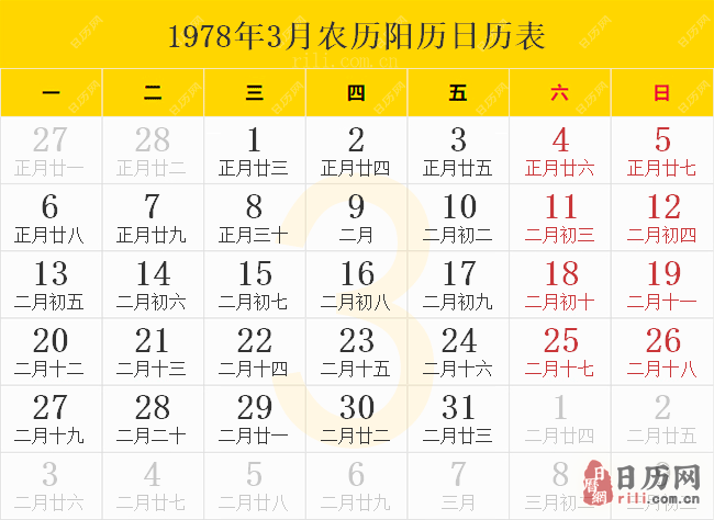 1978年3月农历阳历日历表