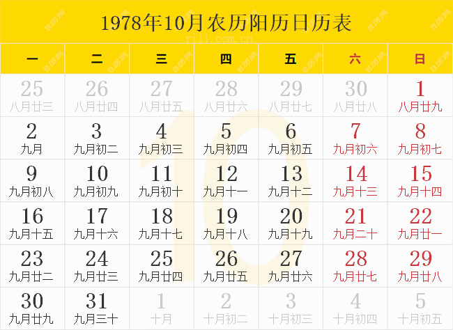 1978年10月农历阳历日历表