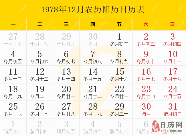 1978年12月农历阳历日历表