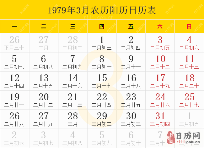 1979年3月农历阳历日历表