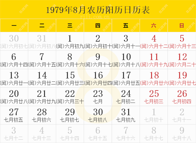 1979年8月农历阳历日历表