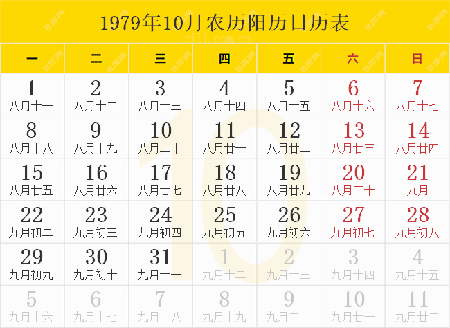 1979年10月农历阳历日历表