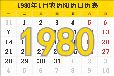 1980年日历表，1980年农历表，1980年日历带农历