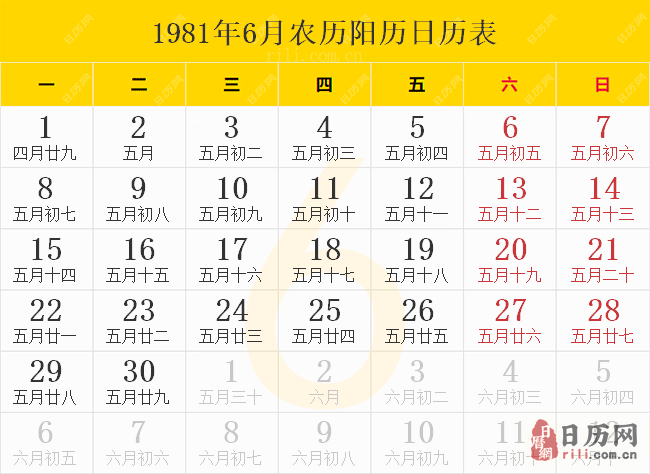 1981年6月农历阳历日历表