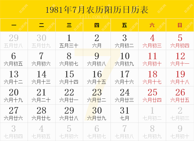1981年7月农历阳历日历表