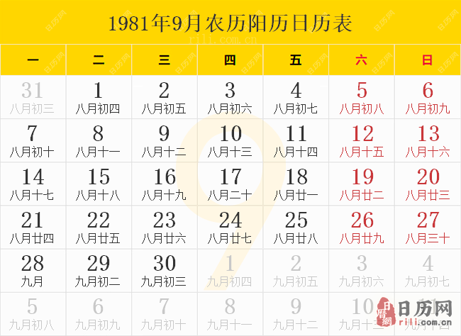 1981年9月农历阳历日历表