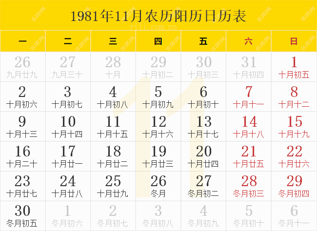 1981年11月农历阳历日历表