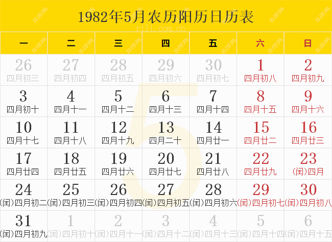 1982年5月农历阳历日历表
