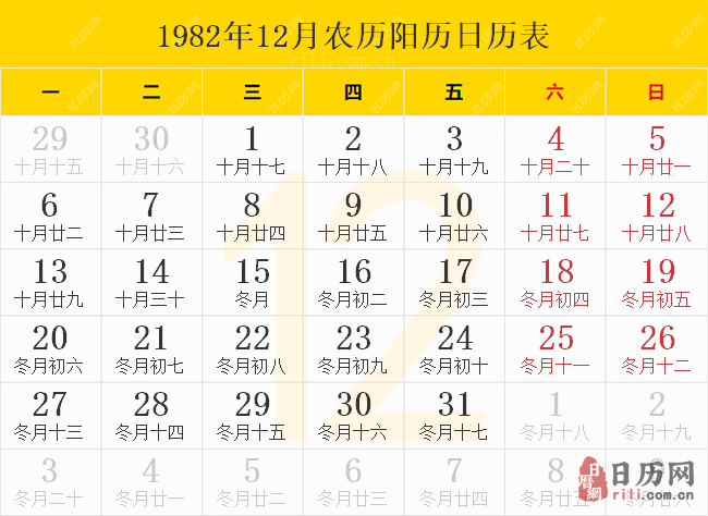 1982年12月农历阳历日历表