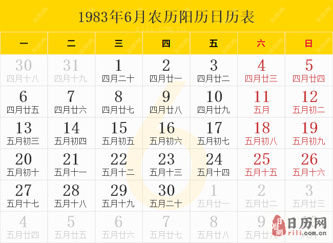 1983年6月农历阳历日历表