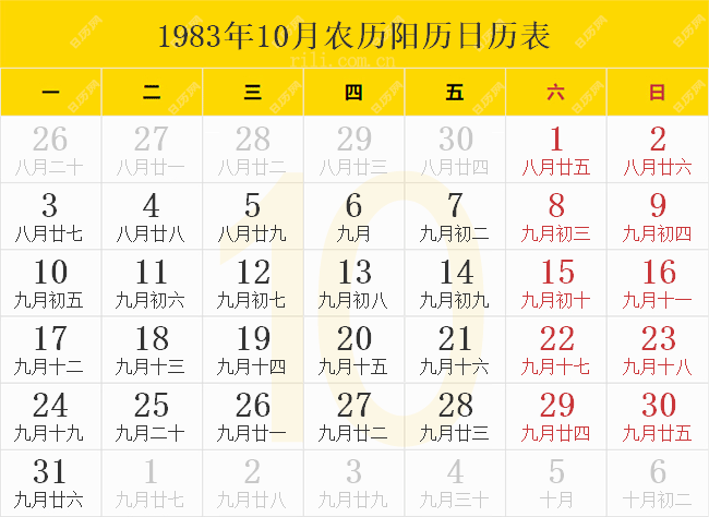 1983年10月农历阳历日历表