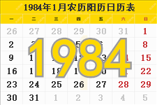 1984年农历阳历表,1984年日历表,1984年黄历