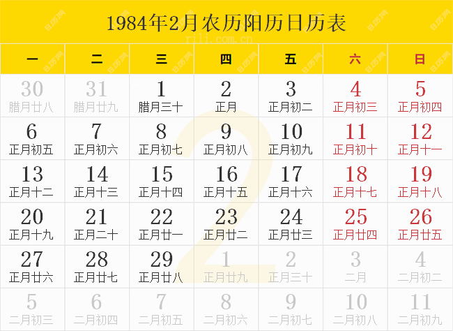 1984年2月农历阳历日历表