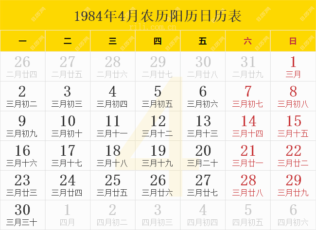 1984年4月农历阳历日历表