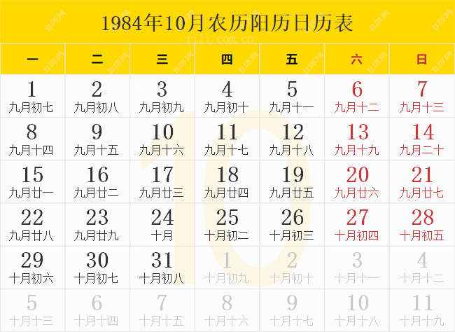 1984年10月农历阳历日历表