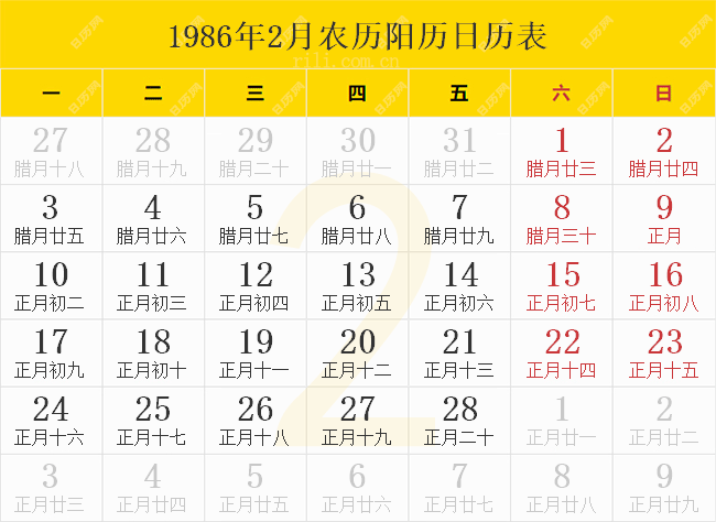 1986年2月农历阳历日历表