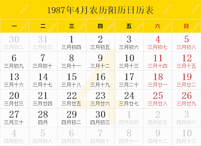 1987年日历表,1987年农历表(阴历阳历节日