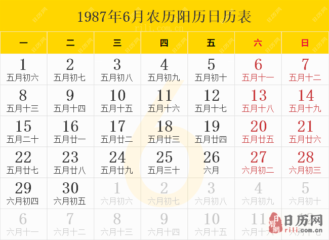 1987年6月农历阳历日历表