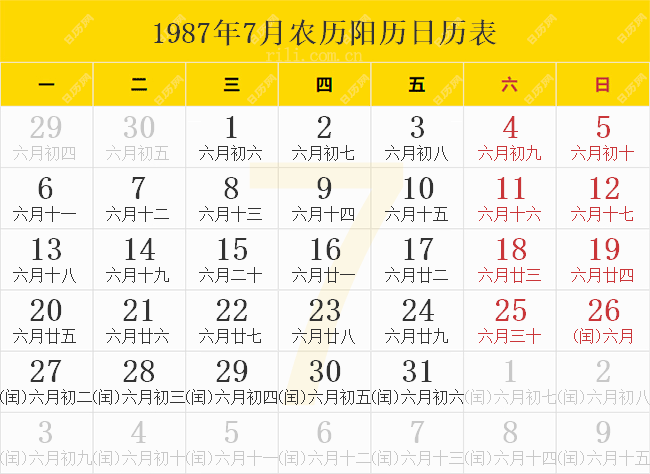 1987年7月农历阳历日历表