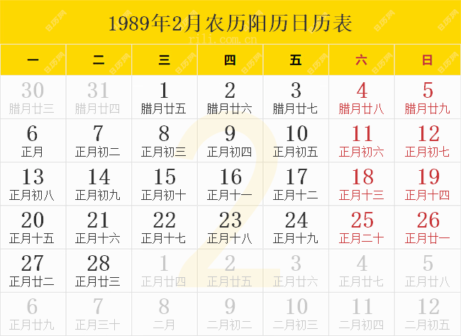 1989年2月农历阳历日历表