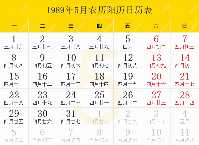 1989年5月农历阳历日历表