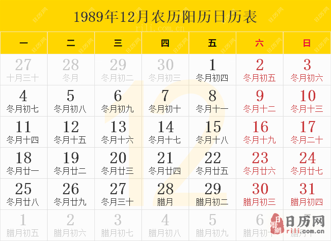 1989年12月农历阳历日历表