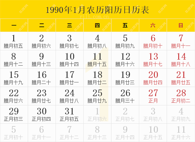 1990年1月农历阳历日历表