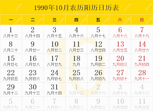 1990年10月农历阳历日历表
