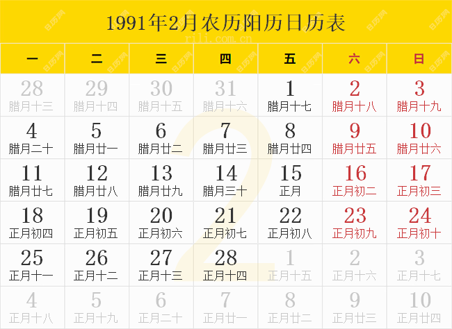 1991年2月农历阳历日历表