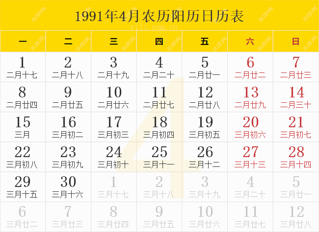 1991年4月农历阳历日历表