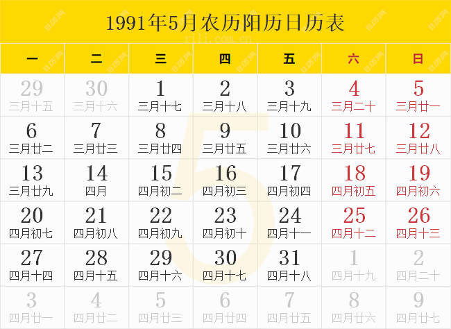 1991年5月农历阳历日历表