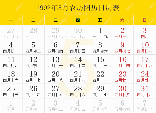 1992年5月农历阳历日历表
