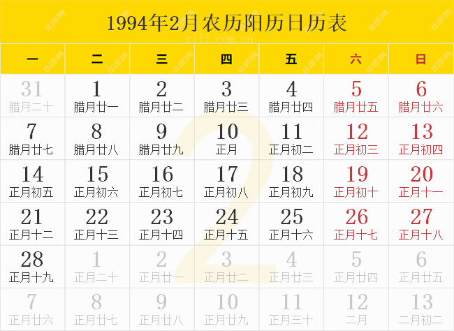 1994年2月农历阳历日历表