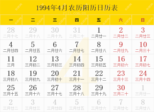 1994年4月农历阳历日历表
