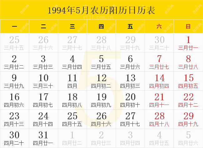 1994年5月农历阳历日历表