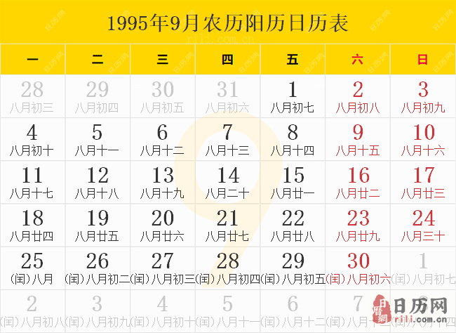 1995年9月农历阳历日历表