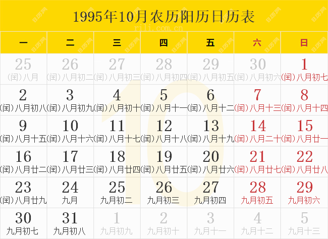 1995年10月农历阳历日历表