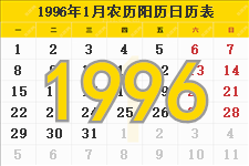 1996年农历阳历表,1996年日历表,1996年黄历