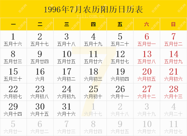 1996年7月农历阳历日历表