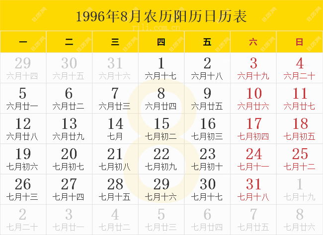 1996年8月农历阳历日历表