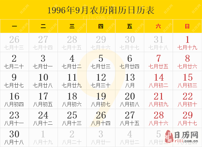 1996年9月农历阳历日历表