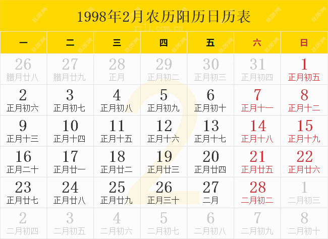 1998年2月农历阳历日历表