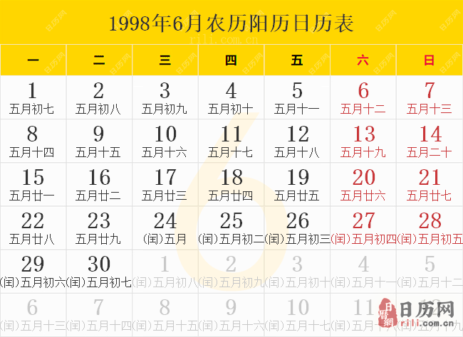 1998年6月农历阳历日历表