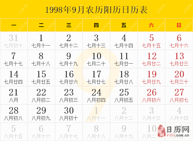 1998年9月农历阳历日历表