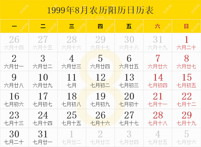 1999年8月农历阳历日历表