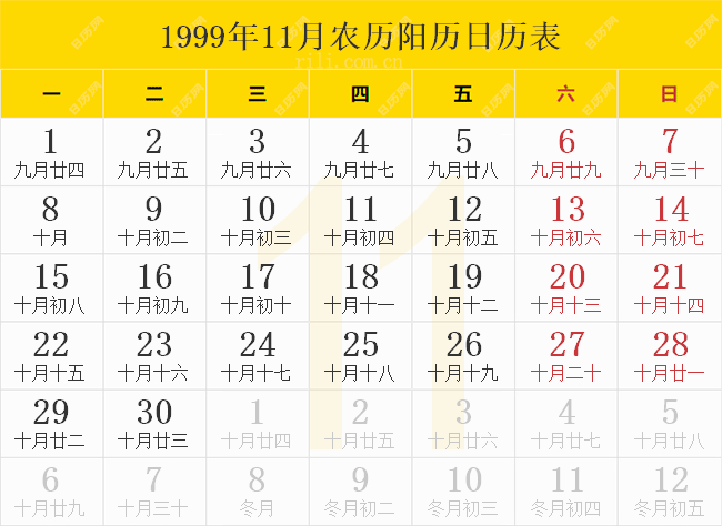1999年11月农历阳历日历表