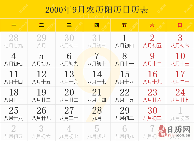 2000年9月农历阳历日历表