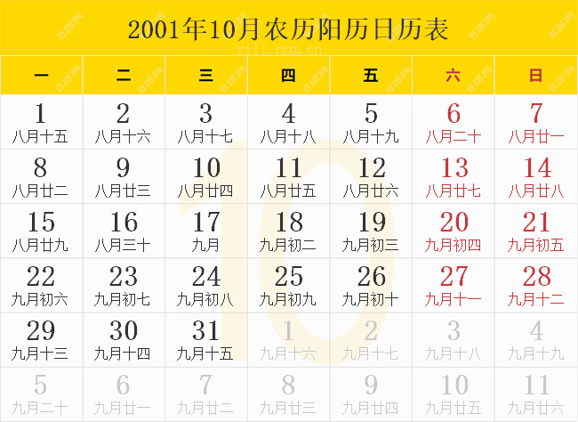 2001年10月农历阳历日历表