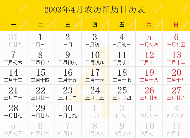 2003年4月农历阳历日历表