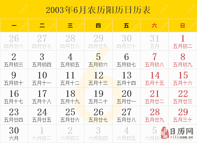 2003年6月农历阳历日历表